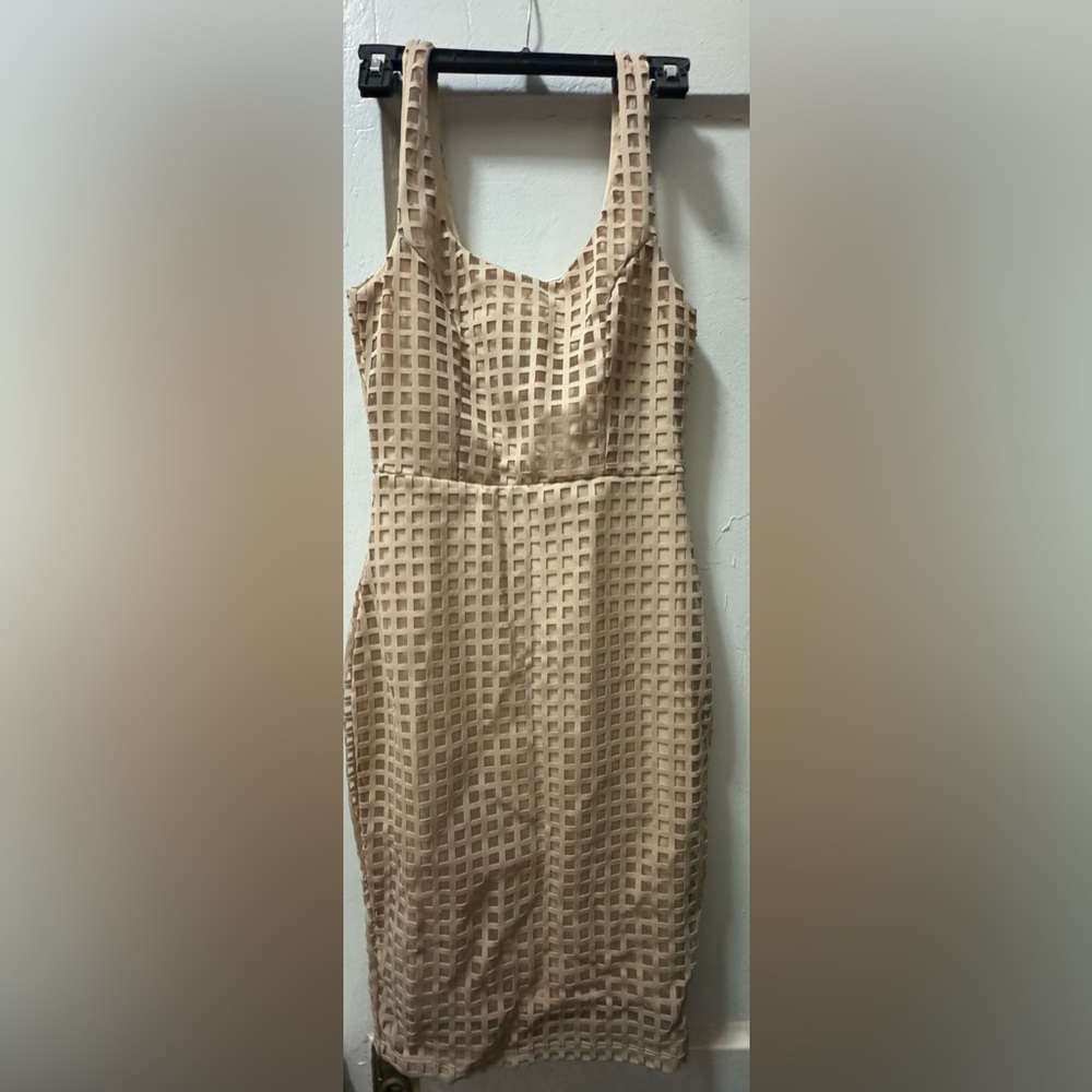 Just Me Beige Grid-Texture Midi Dress